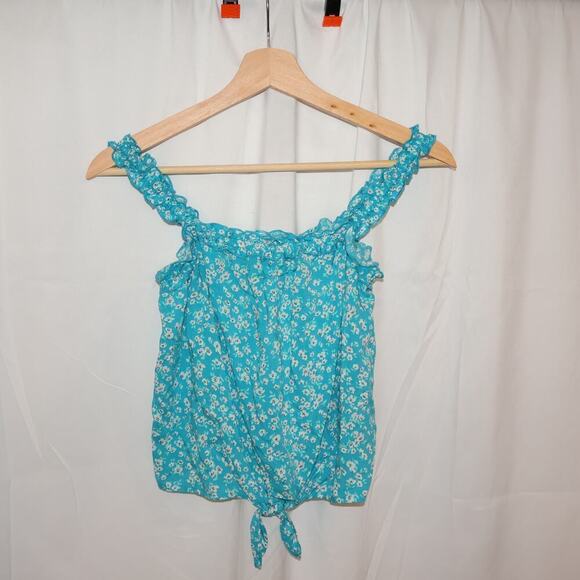 SO Cropped Top Light Blue Floral Size Tie Front otton Soft Ruffle Sleeves - Picture 1 of 11